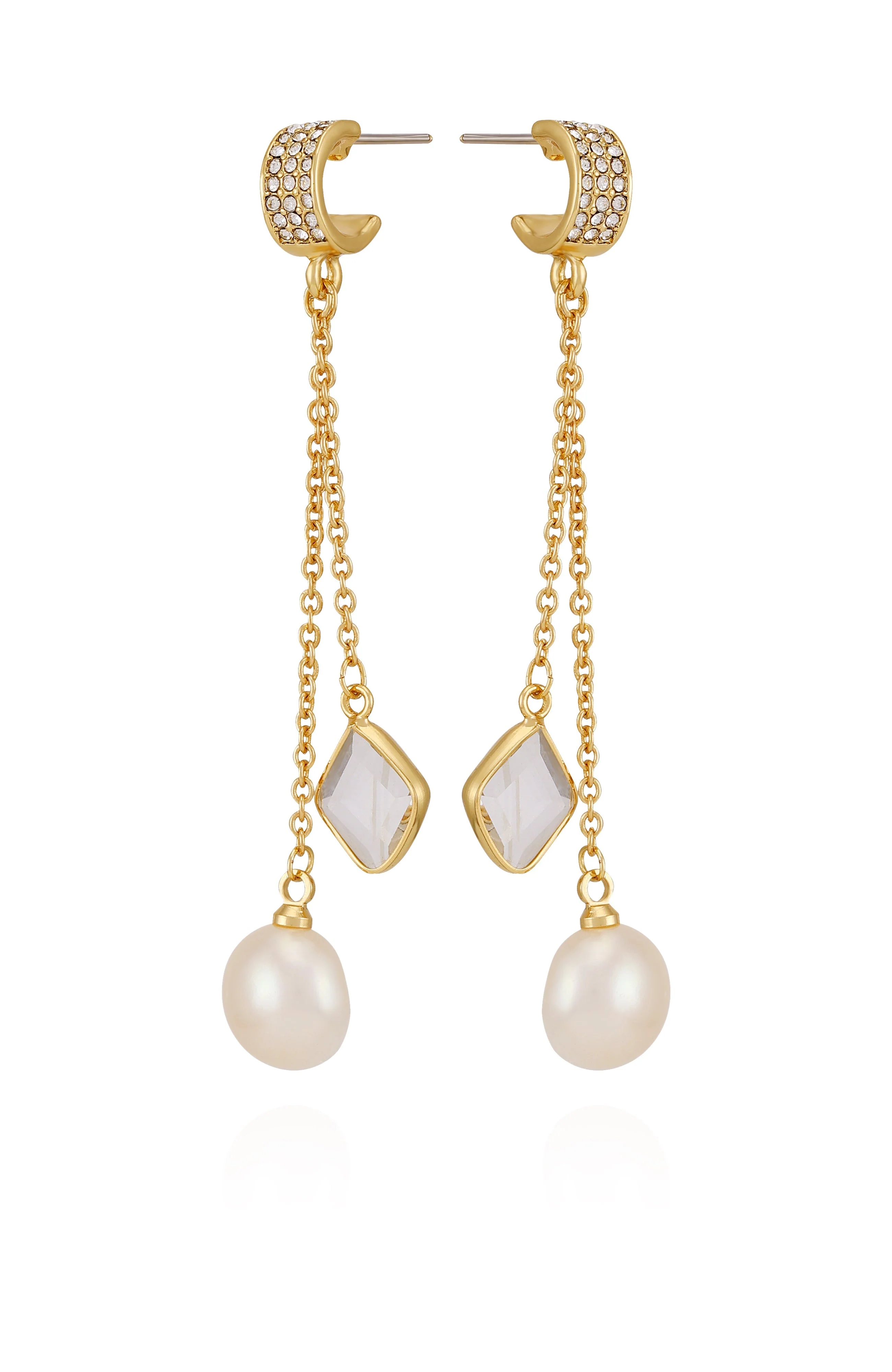 Goldtone Dangle Earrings With Pearl Crystal Drop - Image 2