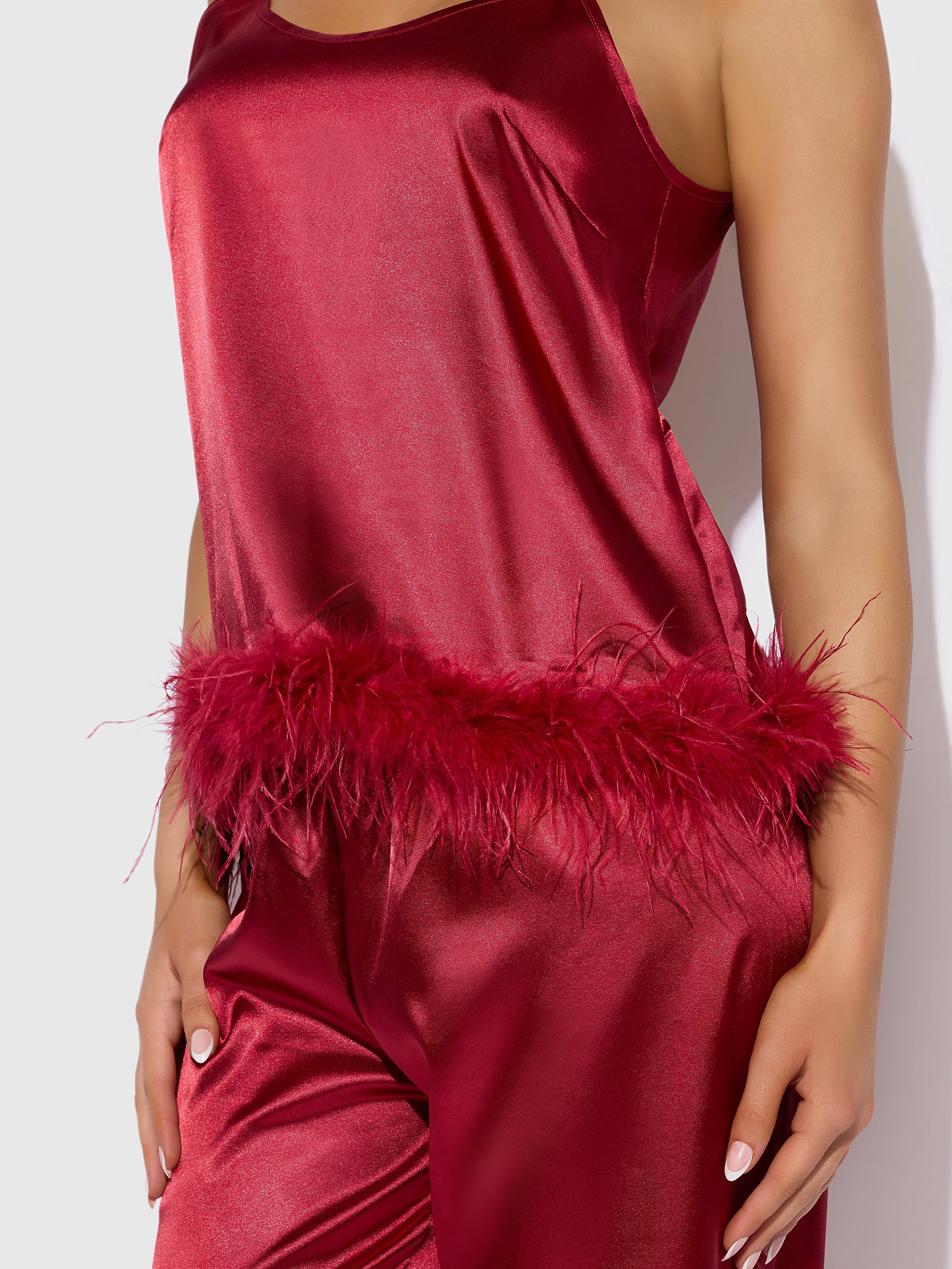 Scarlett Satin Sleep Cami & Long Pant With Feather Trim - Image 3
